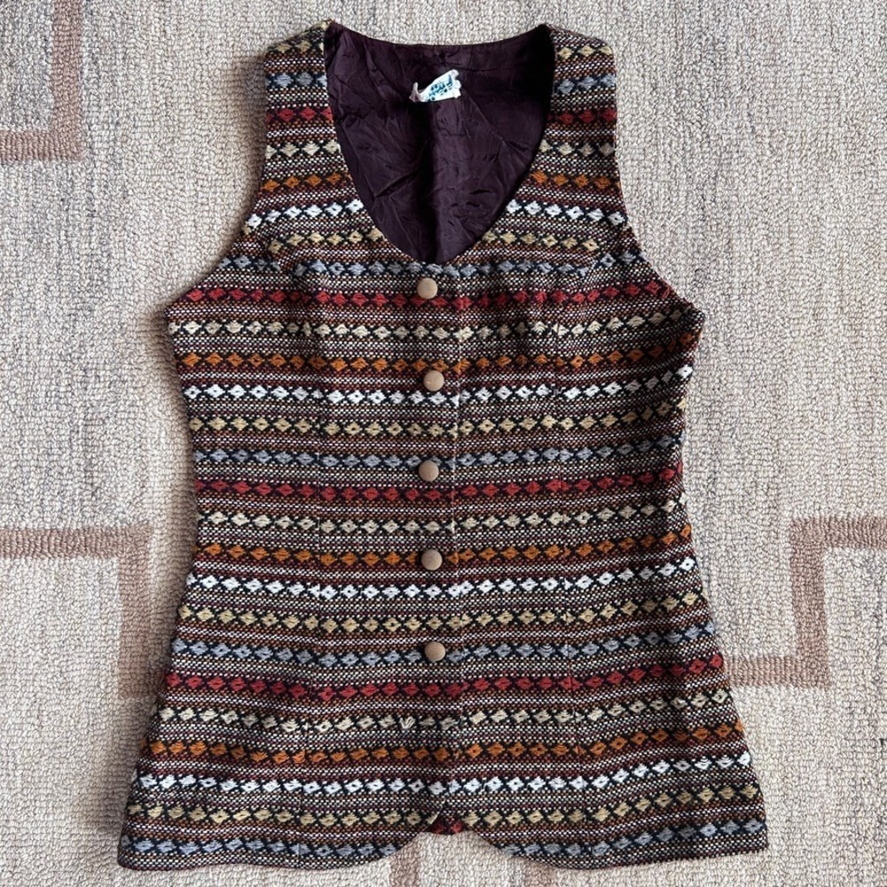 College Town Vintage 70s Vest Womens S Retro Mod Hippie Groovy Costume Woven